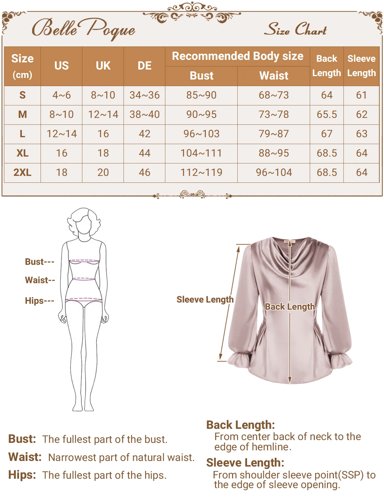 Belle Poque Women\'s Silk Satin Tops Cowl Neck Drape Blouse Long Sleeve Tie Waist Blouse Shirt Top Office Lay Workwear A30