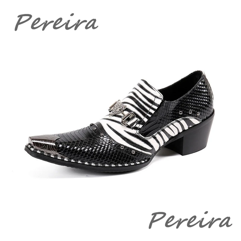 

Black White Striped Men Dress Shoes Metal Decor Rivet High Heel Loafers Summer Pointed Toe Genuine Leather Banquet Party Shoes