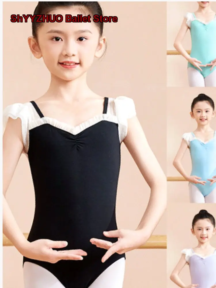 children's-girls-dance-dress-summer-short-sleeves-chinese-dance-practice-leotard-body-suit-gymnastics-latin-dance-clothing-kids