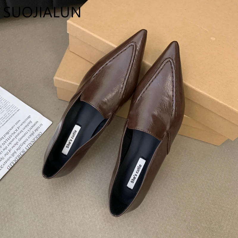 SUOJIALUN Autumn Women Flat Shoes Fashion Sliver Ladies Elegant Boat Shoes Pointed Toe Slip On Flat Heel Casual Outdoor Laofers