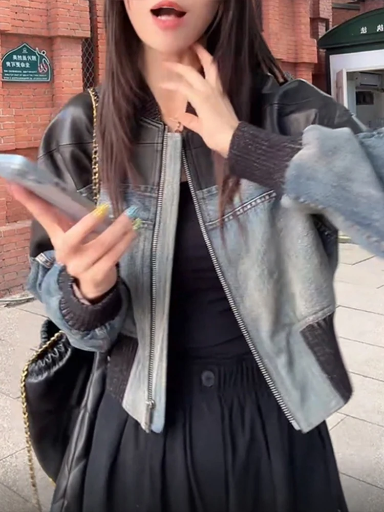 Spring Autumn 2026 Women's American Retro Long Sve Denim Jaet Loose Splicing ort Sle Leather Coat Anti-Wind Daily Wear