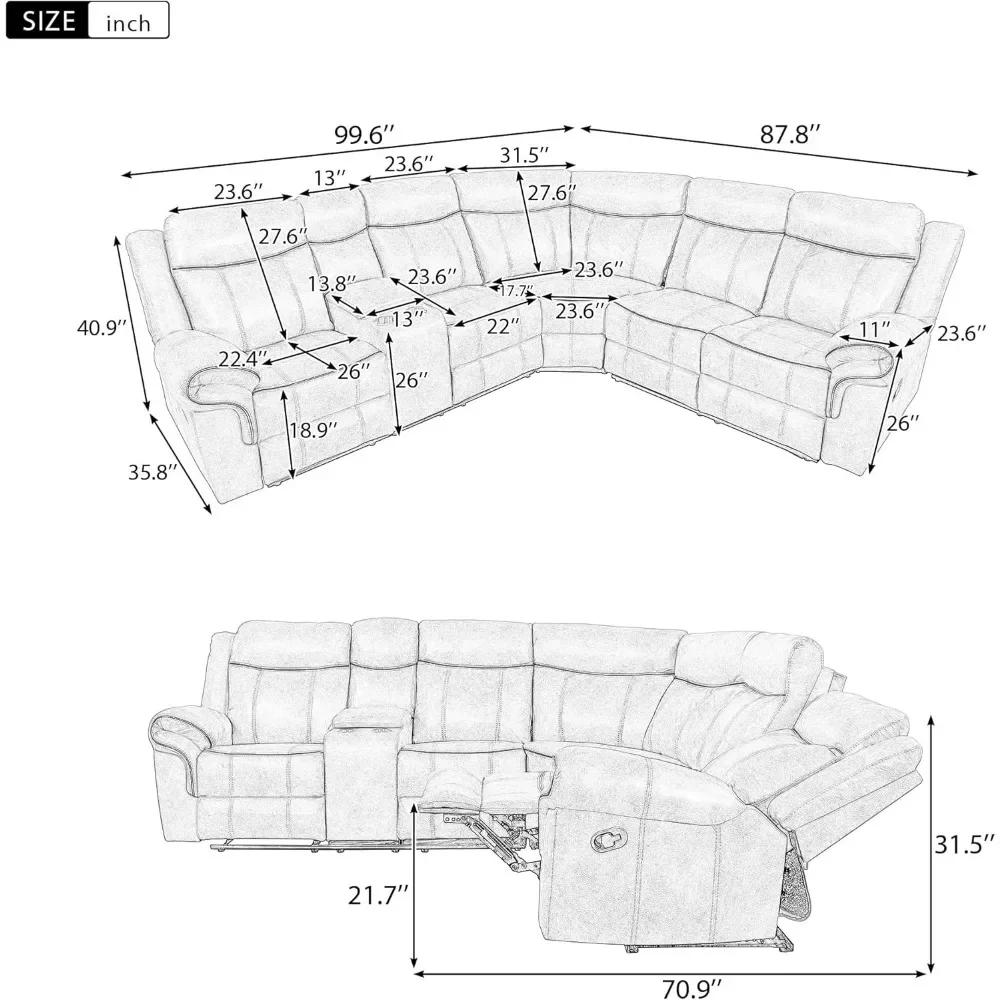 L-Shaped Reclining Sofa, Sectional Couch with 2 Cup Holders, USB Ports, Hidden Storage, 2 Power Sockets, Living Room Sofas