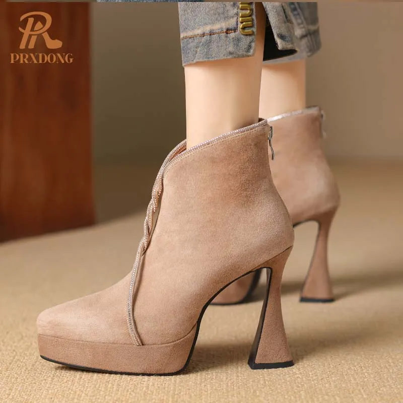 PRXDONG New Classics Genuine Leather Autumn Winter Warm Ankle Boots High Heels Platform Black Apricot Dress Party Lady Shoes 39 image 6