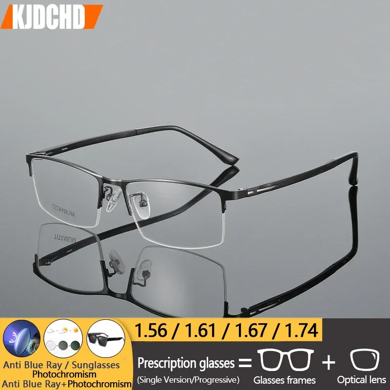 

KJDCHD Men's Myopia Prescription Eyeglasses Alloy Computer Photochromic Optical Reading Progressive Spectacle Half Rim Eyewear