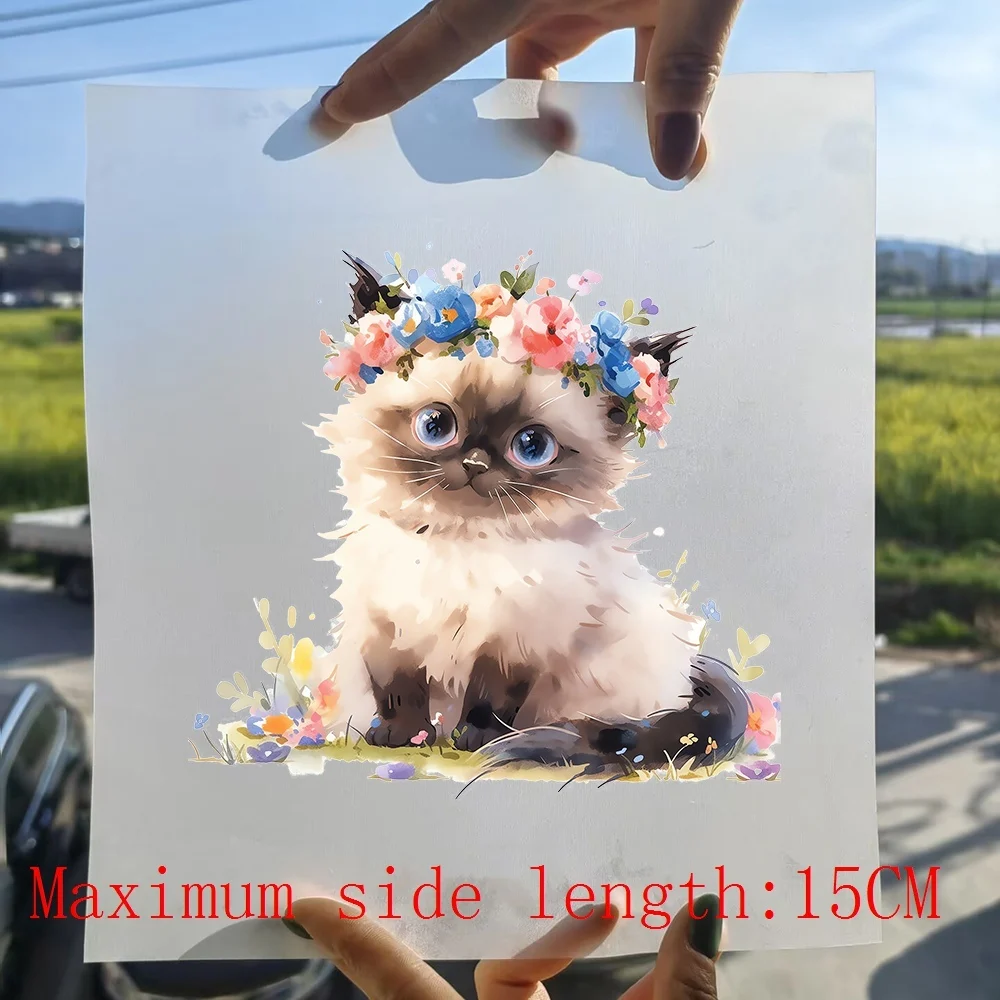 15cm Cartoon Flower Cat  Iron On Heat Transfer Stickers For Clothes DTF Pinted Vinyl Thermal Appliques Washable T-Shirts Decal