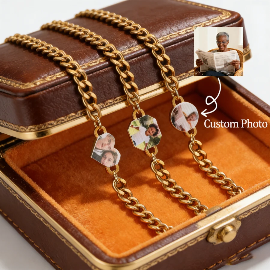 

Acheerup Personalized UV Print Color Photo Bracelet for Women Men Stainless Steel Custom Thick Cuban Chain Heart Bracelets Gifts