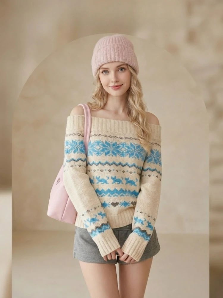 

Sweet Vintage Pullover Slash Neck Women Casual Long Sleeve Y2K Elegant Kniited Sweaters Korean Aesthic Autumn Girl Streetwear