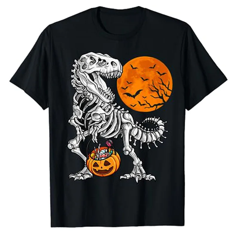 Halloween Boys Dinosaur Skeleton T Rex Scary Pumpkin Moon T-Shirt Cute Boys Fashion Rib Cage Jack O Lantern Candy Basket Costume