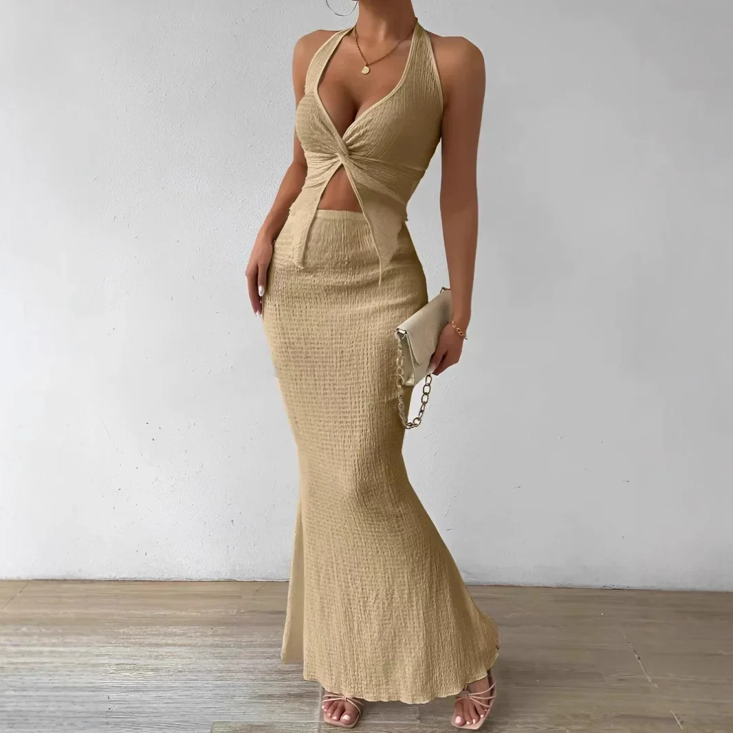 Fashion Women 2025 Summer Sexy Solid Color Hanging Neck Top Long Skirt Fashion Two-piece Set Tight And Elegant Two-piece Set