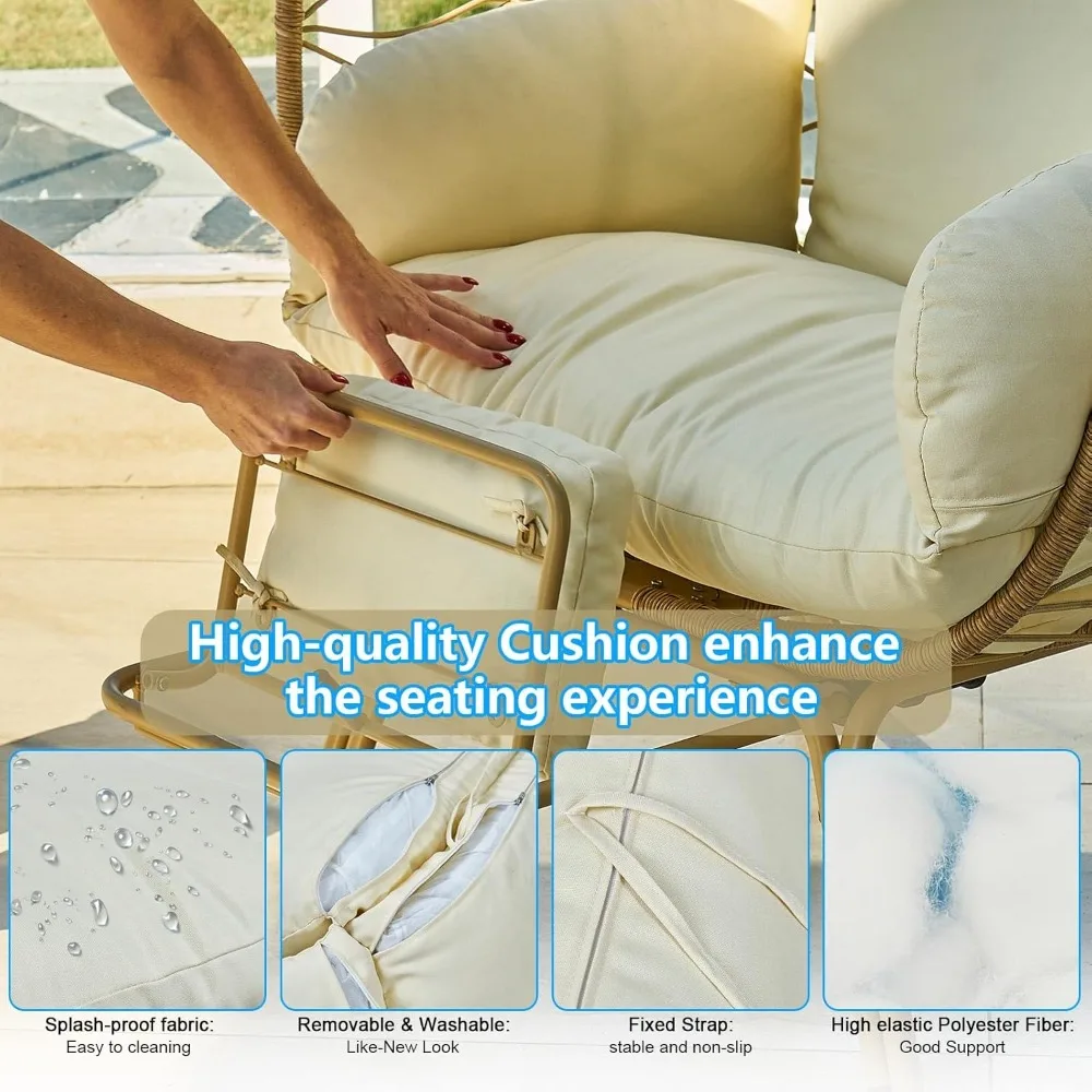 Wicker Egg Chair with Cushion & Footrest - Oversized 450lb Capacity Boho Hanging Chair for Indoor/Outdoor - Beige Rattan Lounge
