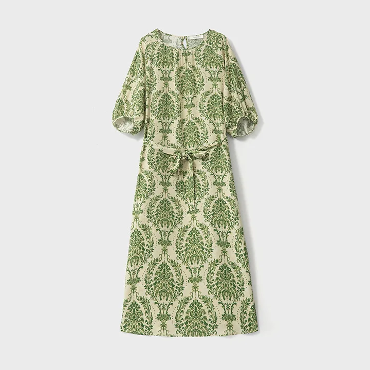 High Quality French Style High-Grade Silk Crepe De Chine Lace-up Dress Women's Green Printing Skirt