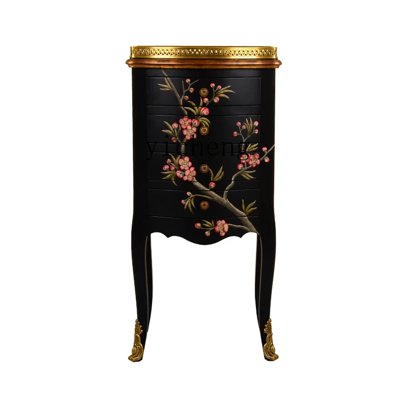 

ZC Retro High Leg Small Side Cabinet Living Room Aisle Flower Stand Handmade and Hand-Painted Art Pattern Side Table