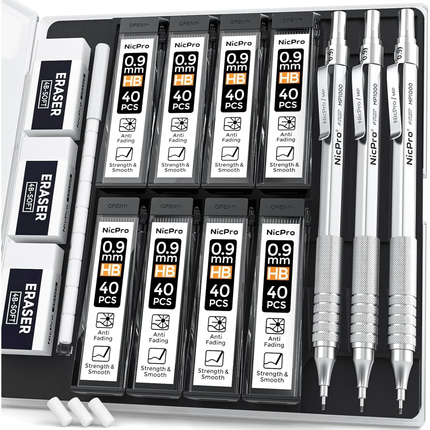 

0.9mm Metal Mechanical Pencil Set with Case, 3PCS Drafting Pencil, 8 Tubes HB Lead Refills, 3 Erasers, Eraser Refills for Artist