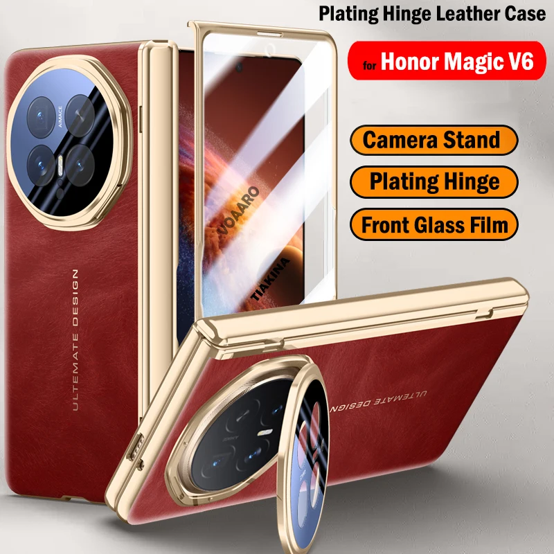

Metal Camera Ring Stand Holder Cover for Honor Magic V6 Case Plating Hinge Leather funda with Front Screen Glass Film Protector