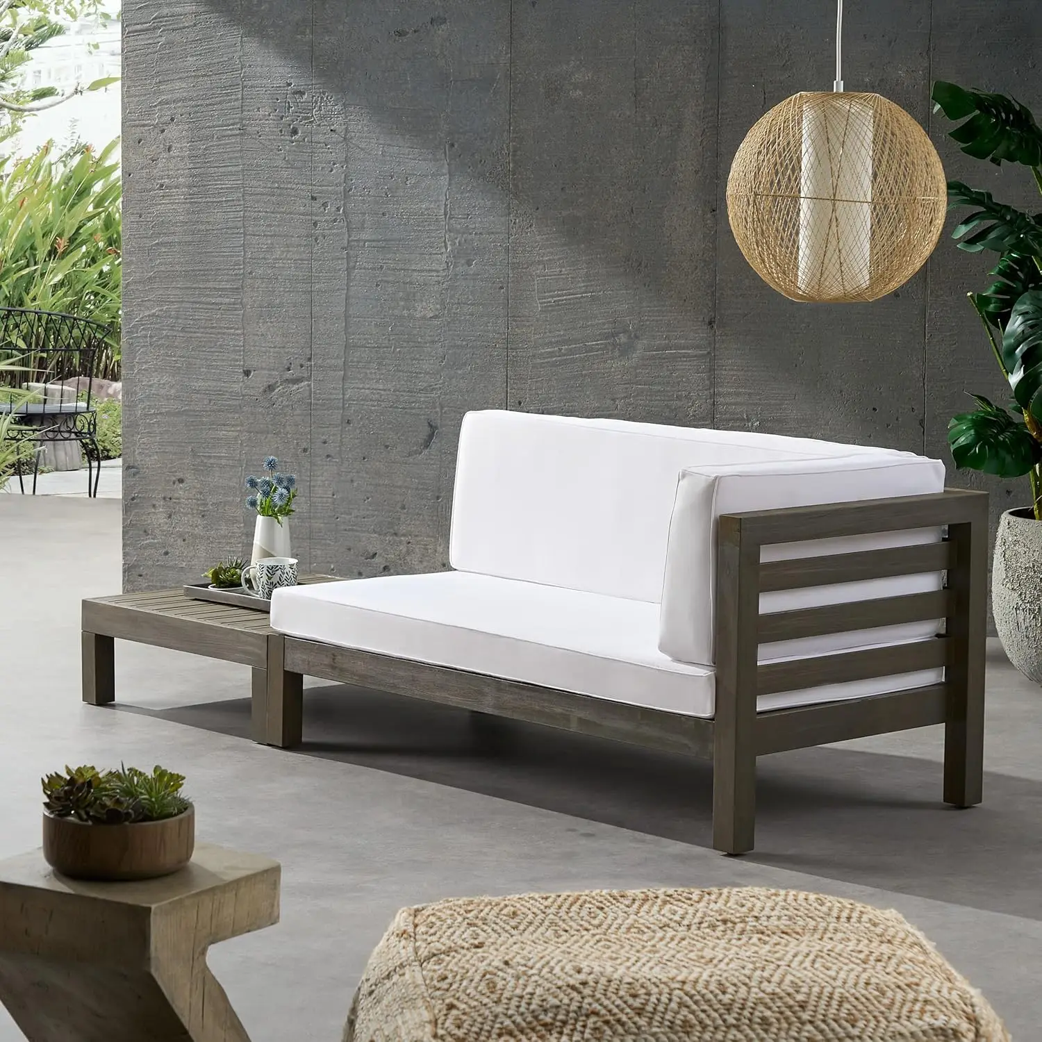 

Oana Outdoor Right Arm Loveseat and Coffee Table Set - Acacia Wood - Gray/White