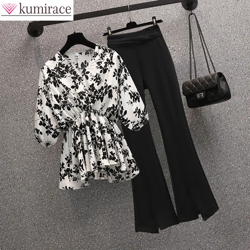 

Large Pleated V-neck Short Sleeved Chiffon Shirt Casual Wide Leg Pants Two-piece Elegant Women's Pants Set Summer Outfits