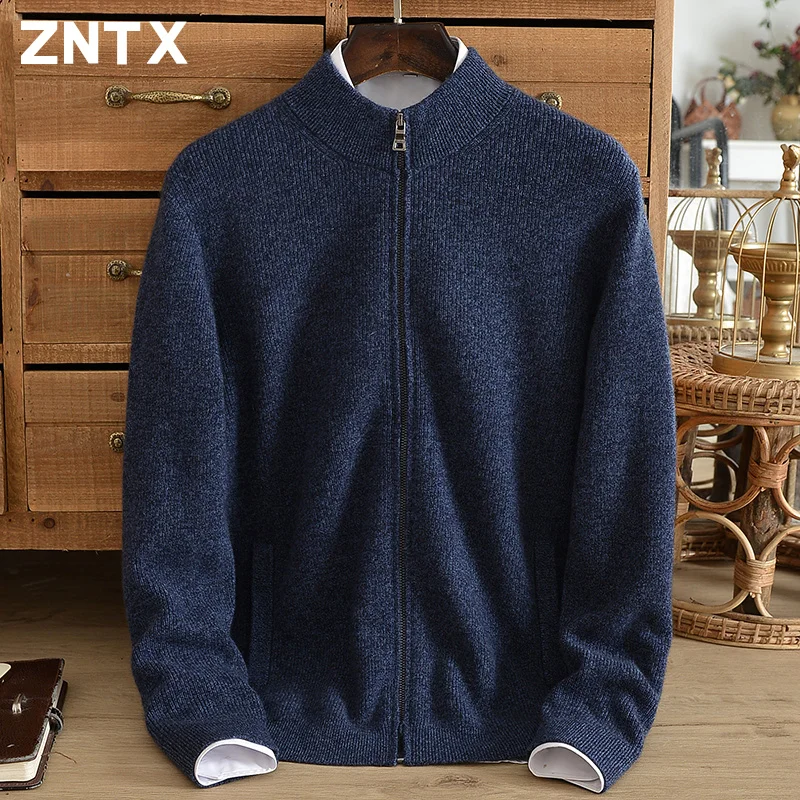 ZNTX 100% pure cashmere sweater men's cardigan half turtleneck zipper pocket winter thickened warm knit sweater coat plus size