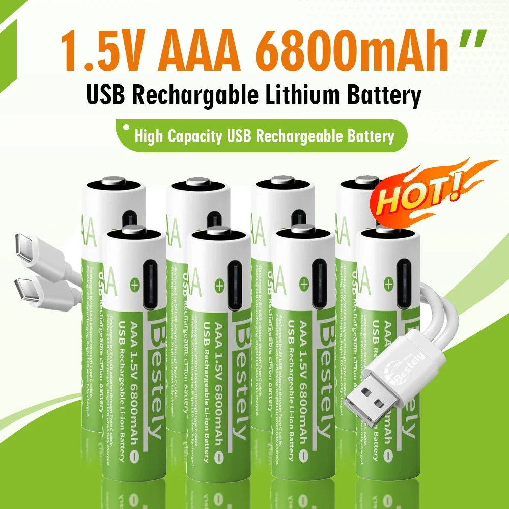 

USB-C Rechargeable AAA Batteries 1.5V 6800mWh, 4 Pack 2000 Cycles for Remote Control, Mouse, Keyboard, Toys, Camera, Flashlight