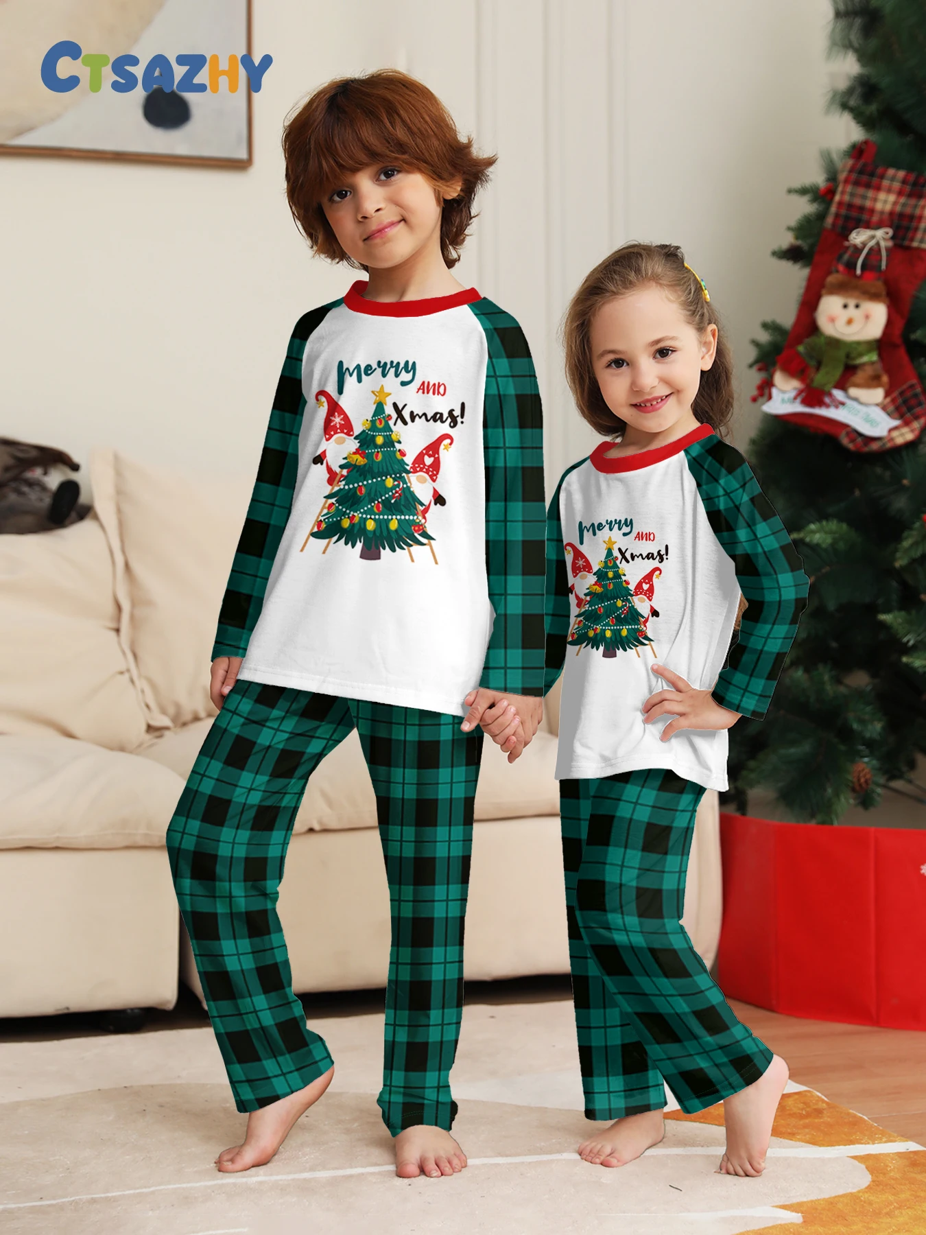 

Kids Christmas Pajamas Set - Tree, Gnomes & “Merry and Xmas!” Print Plaid Raglan Top with Plaid Pants