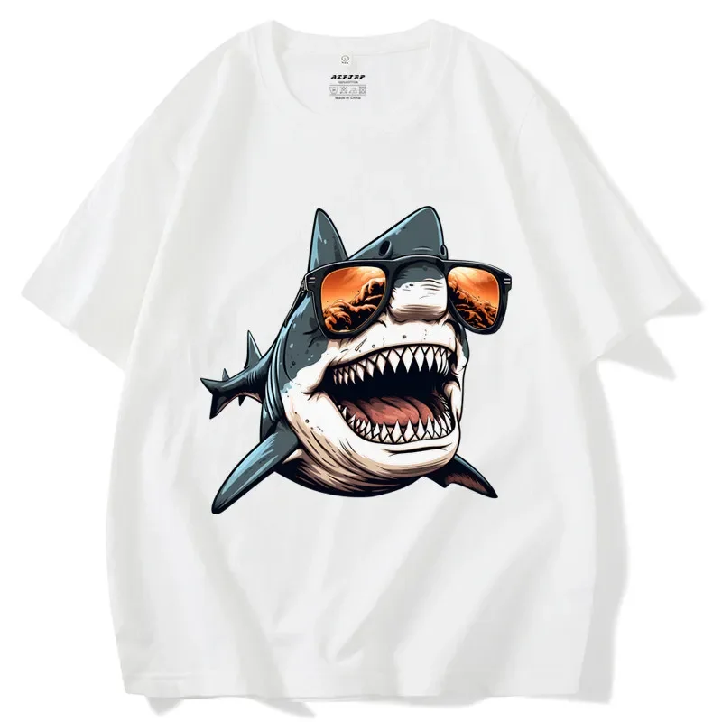 Cool Brand Shark Head Pattern T-Shirt Funny Teeth Casual Print Loose Fit Short Sleeve for Children And Adults