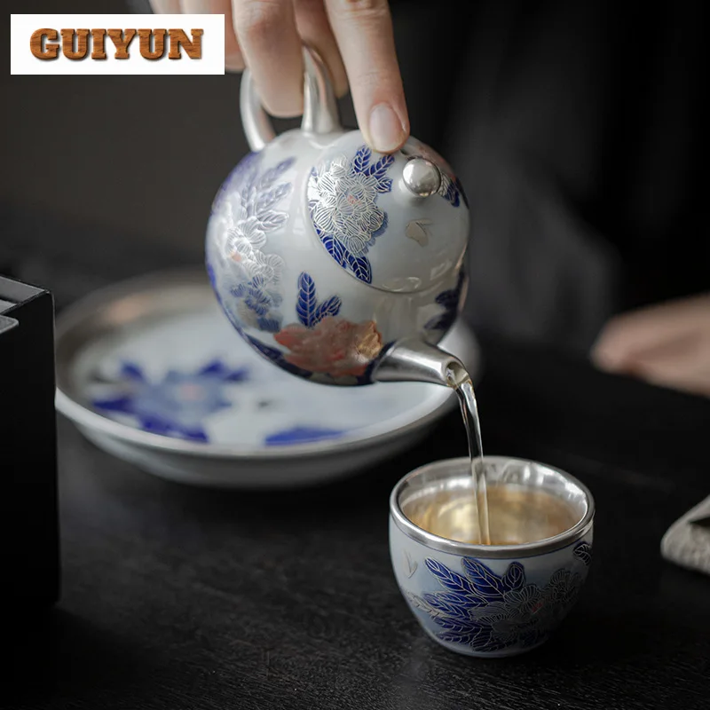 150ml Exquisite Gilt Silver Peony Art Teapot Handmade Small Pot Household Tea Making Kettle Chinese Kung Fu Tea Set Decoration