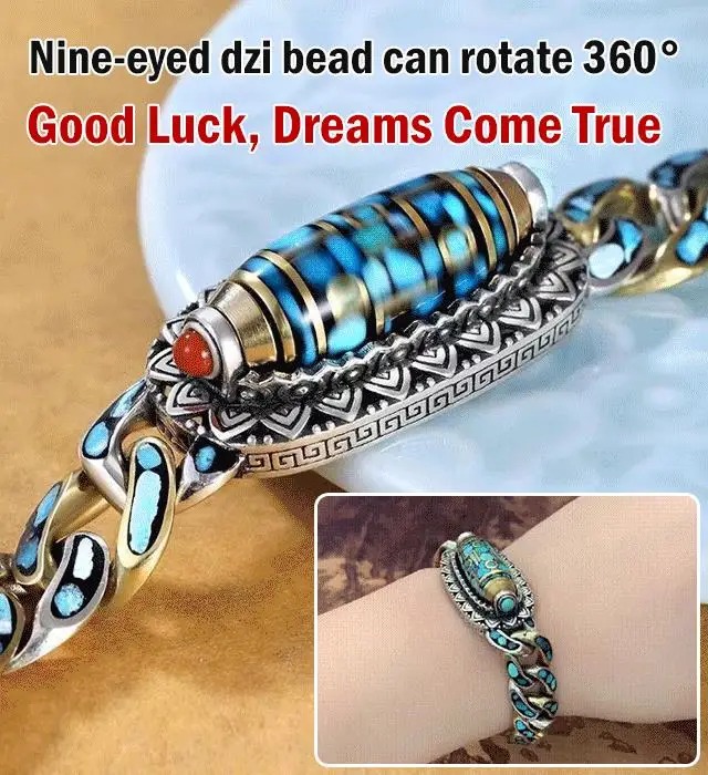 Turquoise Six Character Mantra Nine Eyed Dzi Bead Bracelet Lucky Men\'s Bracelet Good Fortune