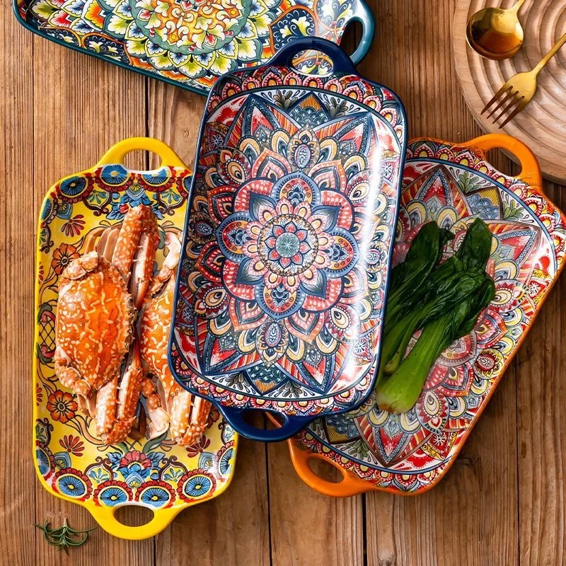 New Bohemian Retro Double Ear Ceramic Dining Plate Underglaze Color Craftsmanship Patterns Intricate Visual Art Fish Tray