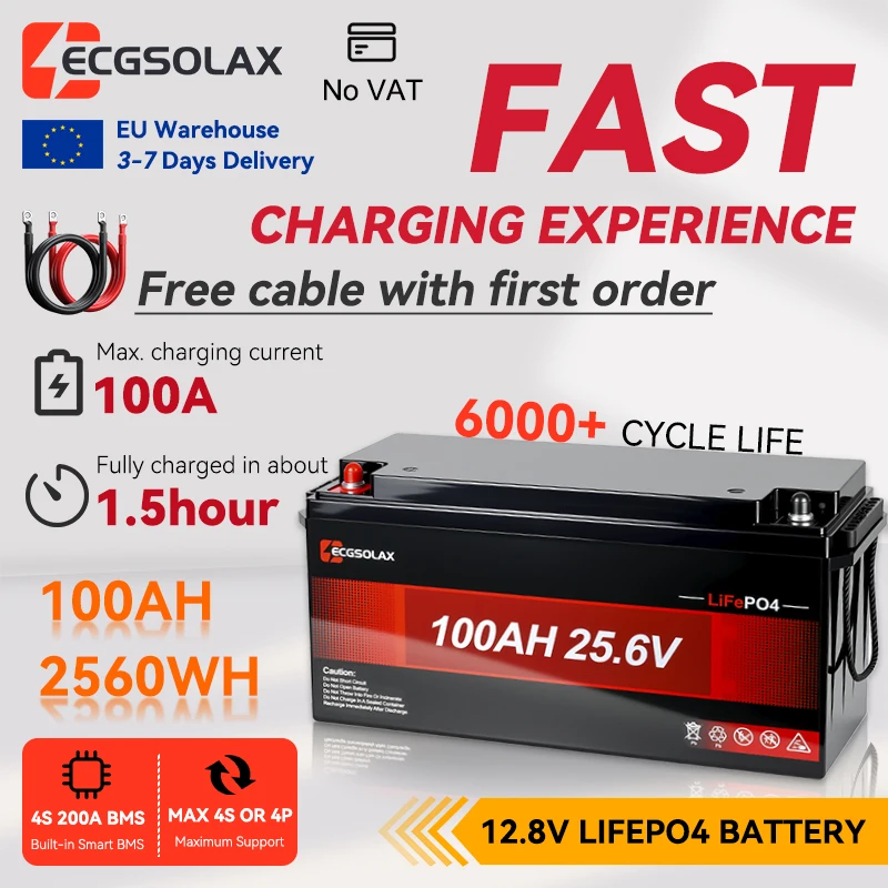Batteria ifepo4 ECGSOLAX 25,6V 100Ah con BMS, ≥ 6000 + cicli di carica, batterie al litio ricaricabili per impianto solare, fino a 4 batterie in serie o parallelo