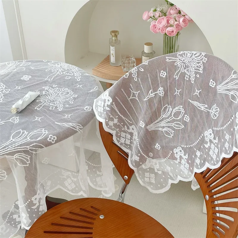 American Tulip Floral Lace Tablecloth White Bright Silk Thread Coffee Table Cushion Bedside Table Cover