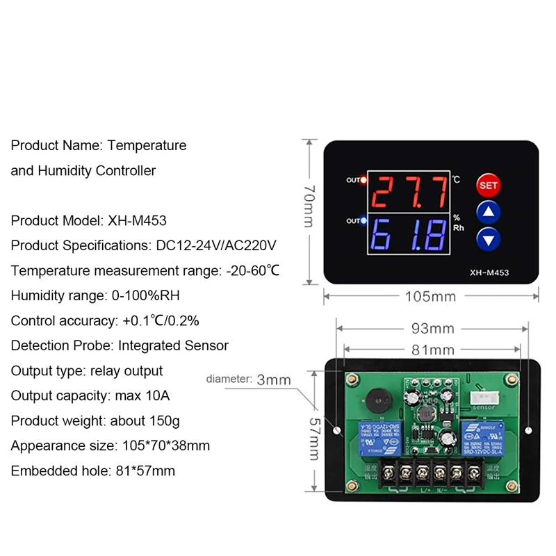 XH-M453 Temperature Humidity Controller Humidity Control Switch Digital Display Dual Output 12V-24V