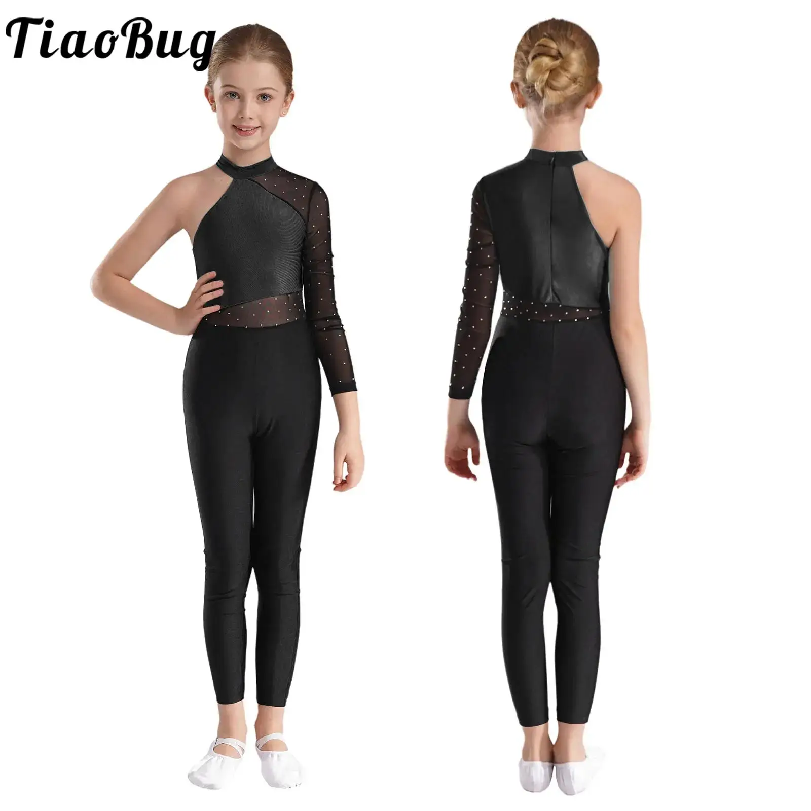 Kids Girls One Shoulder Long Sleeve Ballet Dance Leotard Workout Full Body Suit Gymnastics Jumpsuits Figure Skating Costume