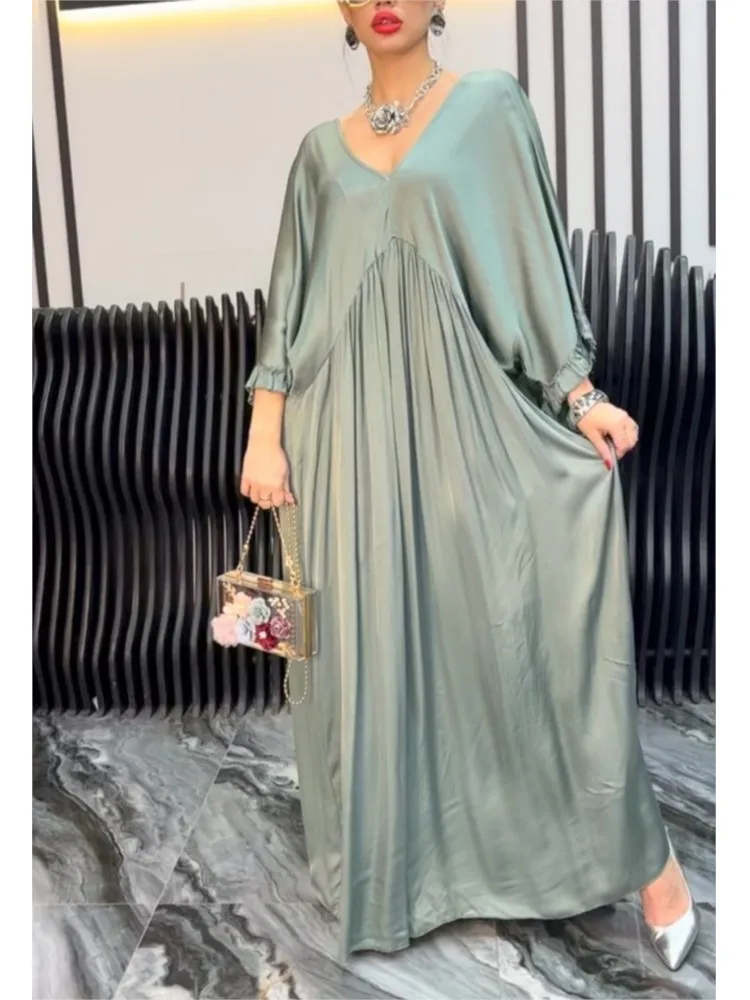 Elegante satijnen maxi-jurken voor dames 2025, herfst, casual losse jurk met V-hals en lange mouwen