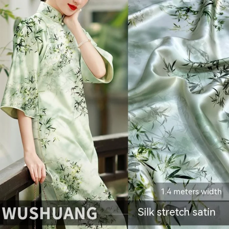 Silk Stretch-satin Fabric Green Bamboo Print Dyed Spring Autumn Dress Cheongsam Digital Print Drape Fitted Designer Diy Fabrics