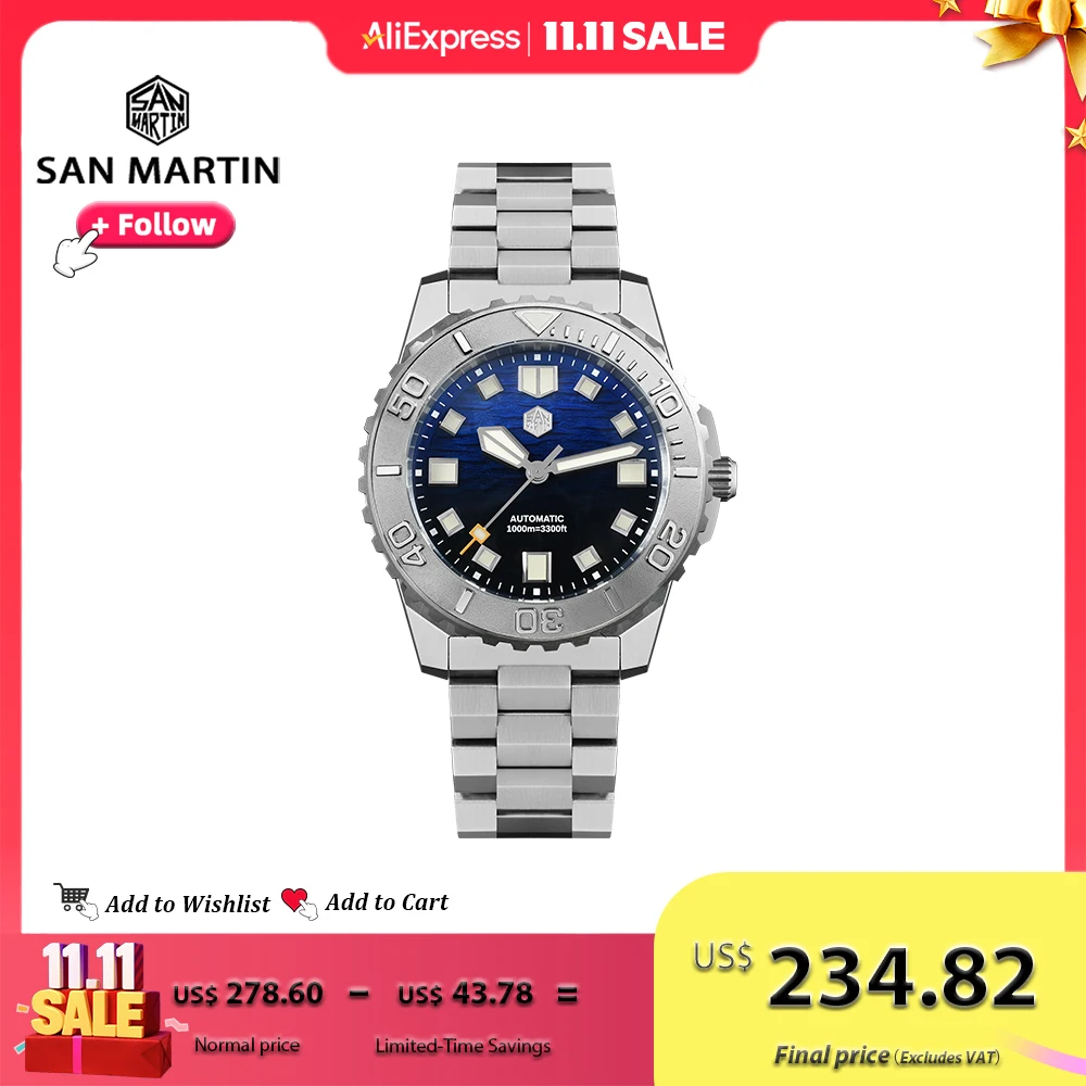 San Martin, водонепроницаемые мужские дайверские часы глубиной 1000 м, 43 мм, с гелиевым аварийным клапаном, NH35, автоматический механический волнистый эмалевый циферблат SN0147