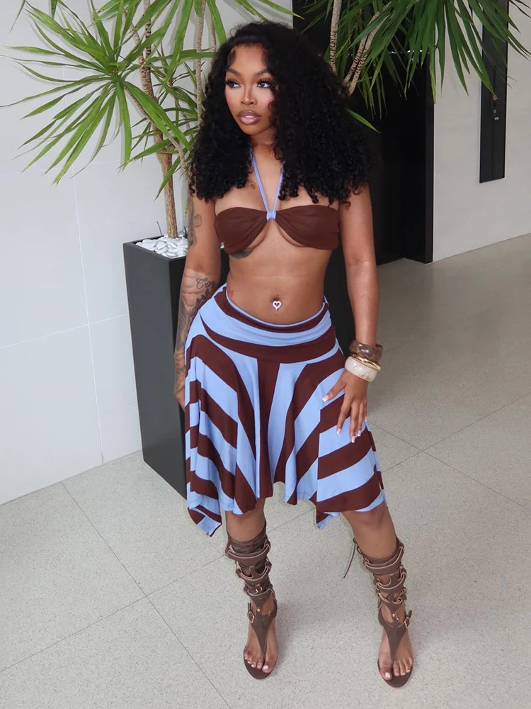 

Kliou Beach Sexy Style 3 Piece Set Woman Halter Rope+Wrap Chest Tops+Stripe Patchwork Mid Skirts Summer Holiday Fashion Outfits