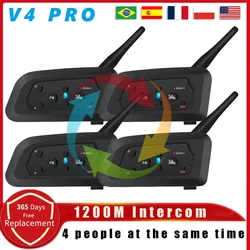 Intercomunicador V4 PRO para casco de motocicleta, interfono con Radio Fm, impermeable, 1200M, 4 conductores