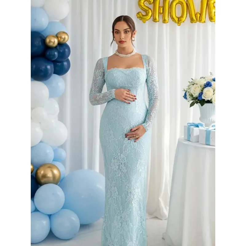 Lace Maternity Photoshoot Dress Long Sleeve See Through Maxi Gown Elegant Pregnancy Outfit Baby Shower Gender Reveal Wear