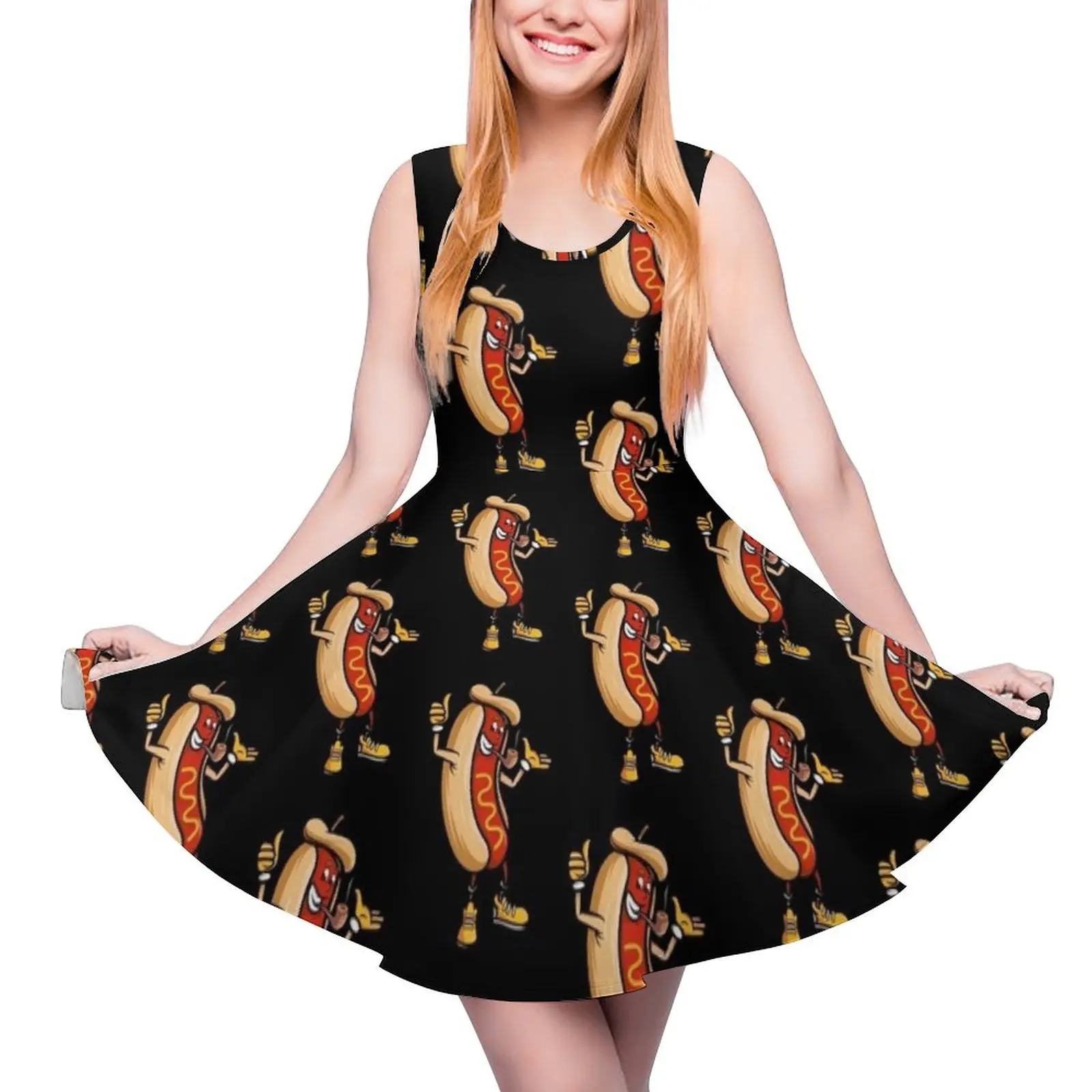 

Funny Hot dog and Bun Press, I"m Just Here For The Hot Dogs Sleeveless Dress Woman clothes