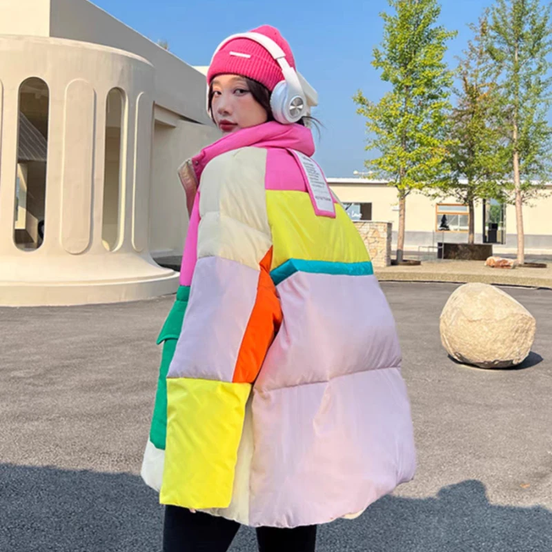 Jaqueta feminina multicolorida de pato, jaqueta com bolsos grandes, moda coreana, casaco versátil quente para outono e inverno, novo