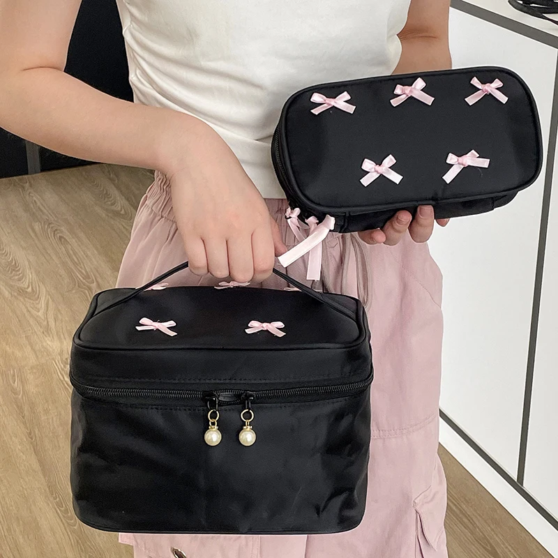 Simple Bow Black Makeup Bag Portable Zipper Storage Bag Pencil Case Cosmetic Organizer Travel Toiletry Case Handbag Girl Gift