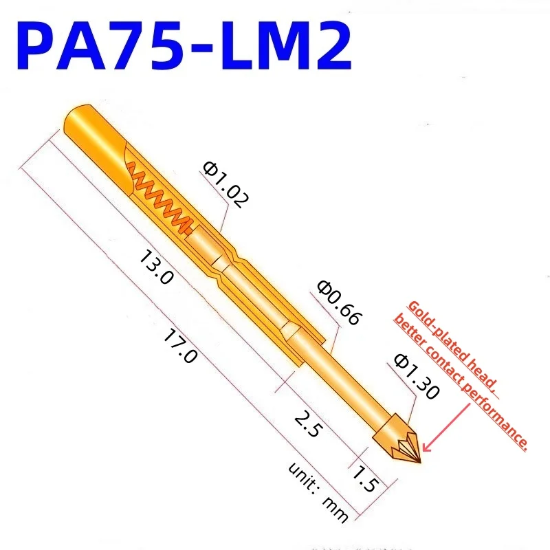 

100PCS PA75-LM2 Spring Test Probe PA75-LM Test Pin Test Tool 17.0mm Dia1.02mm Gold Needle Tip Dia 1.30mm Pogo Pin P75-LM P75-LM2