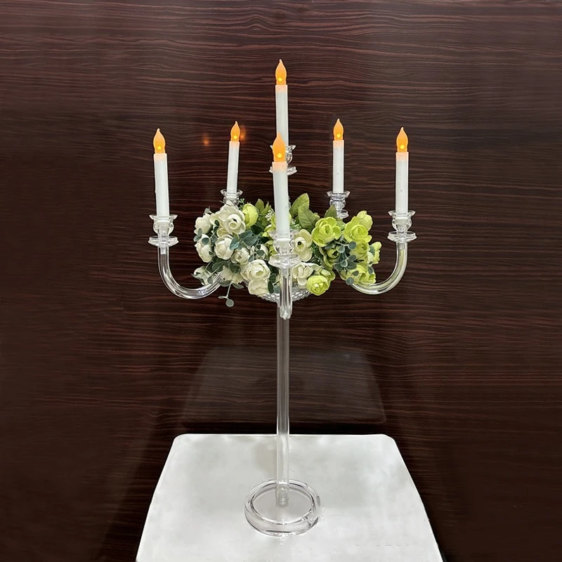 Clear Candlestick 6 Heads Acrylic Wedding Table Center Flower Stand Candle Holder Party Metal Road Lead