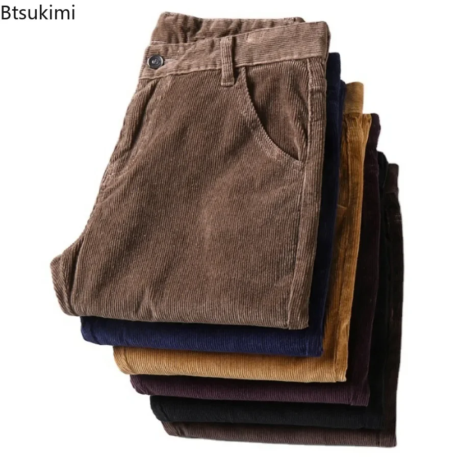 2025 New Autumn Winter  Classic Mid-Rise Corduroy Pants for Men Solid Straight Slim Stretch Trousers Business Casual Pants Male