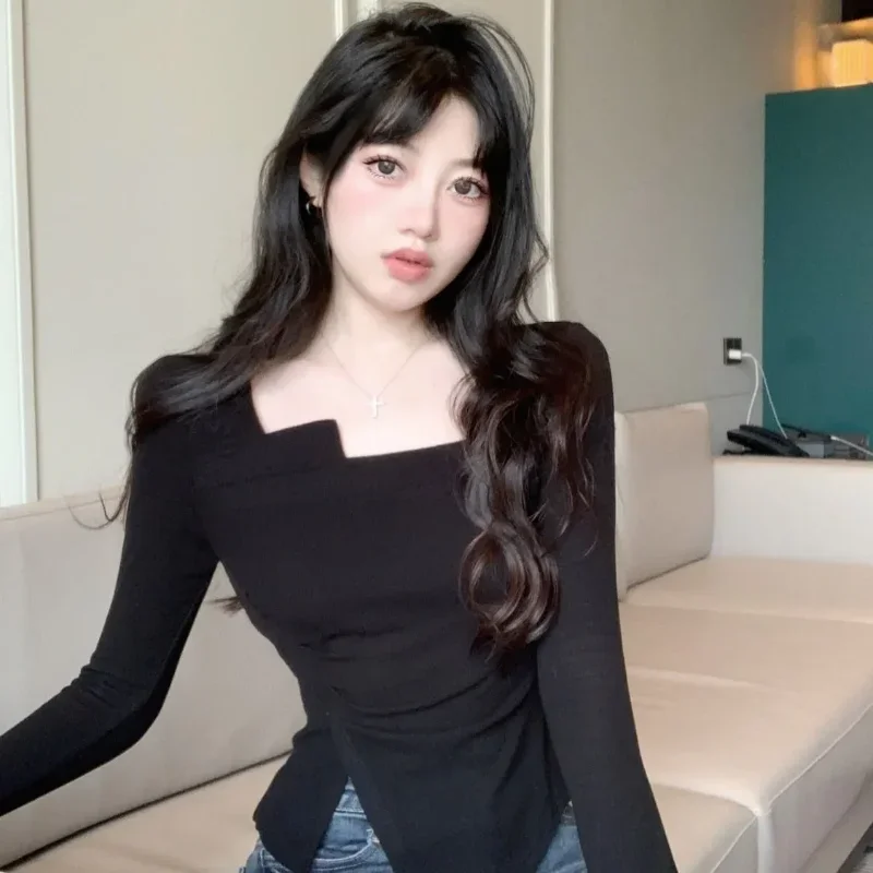 

German Velvet Thickened Irregular Square Collar Long-sleeved T-shirt Women Autumn Winter White Bottoming Shirt Waist Top