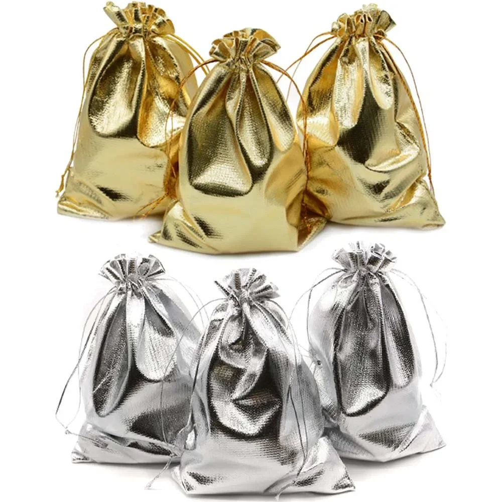 

new arrival 50pcs Gold Foil Cloth Gift Drawstring Bags Pouches Favor Candy Bar Chocolate Package Storage Bag Wedding Gift Bags