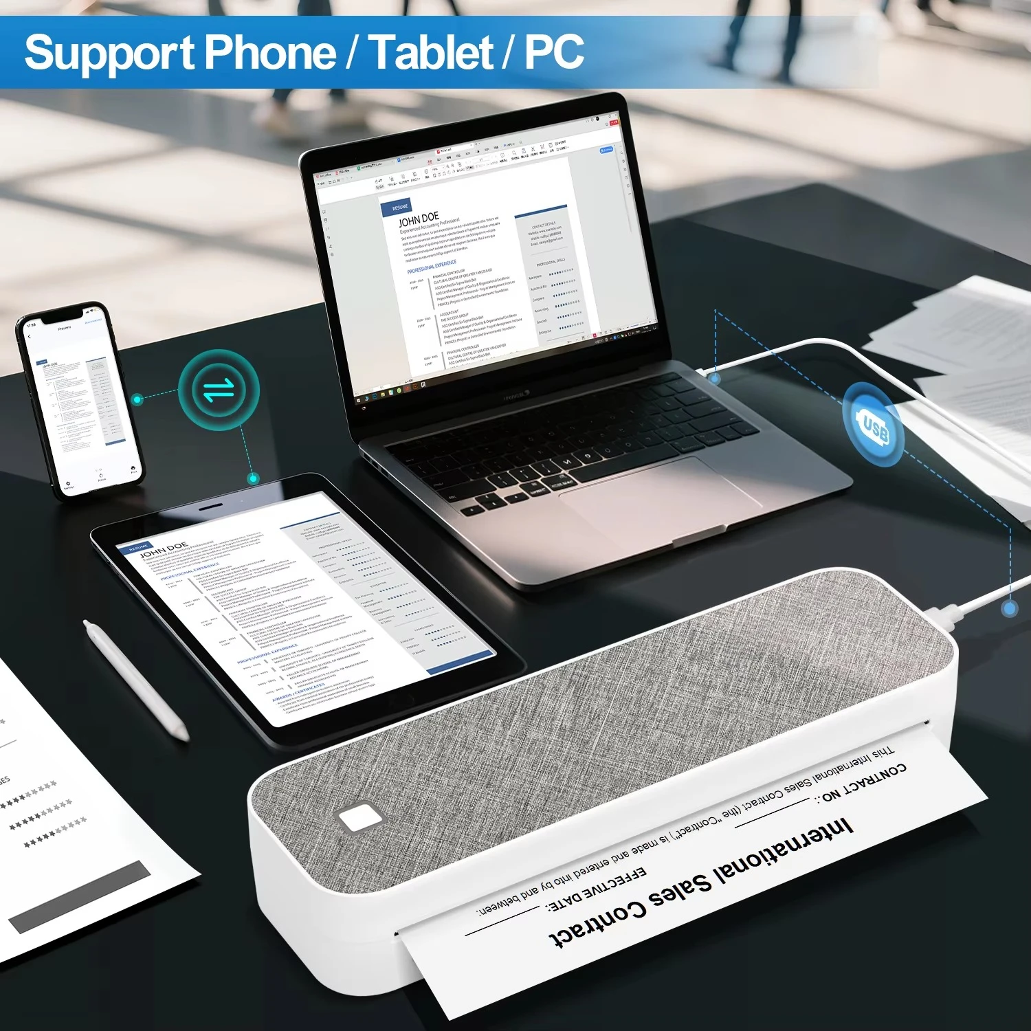 Battery Multi-OS Stock Portable Inkless Thermal Document Printer A4 Size Thermal Paper USB Interface Rechargeable