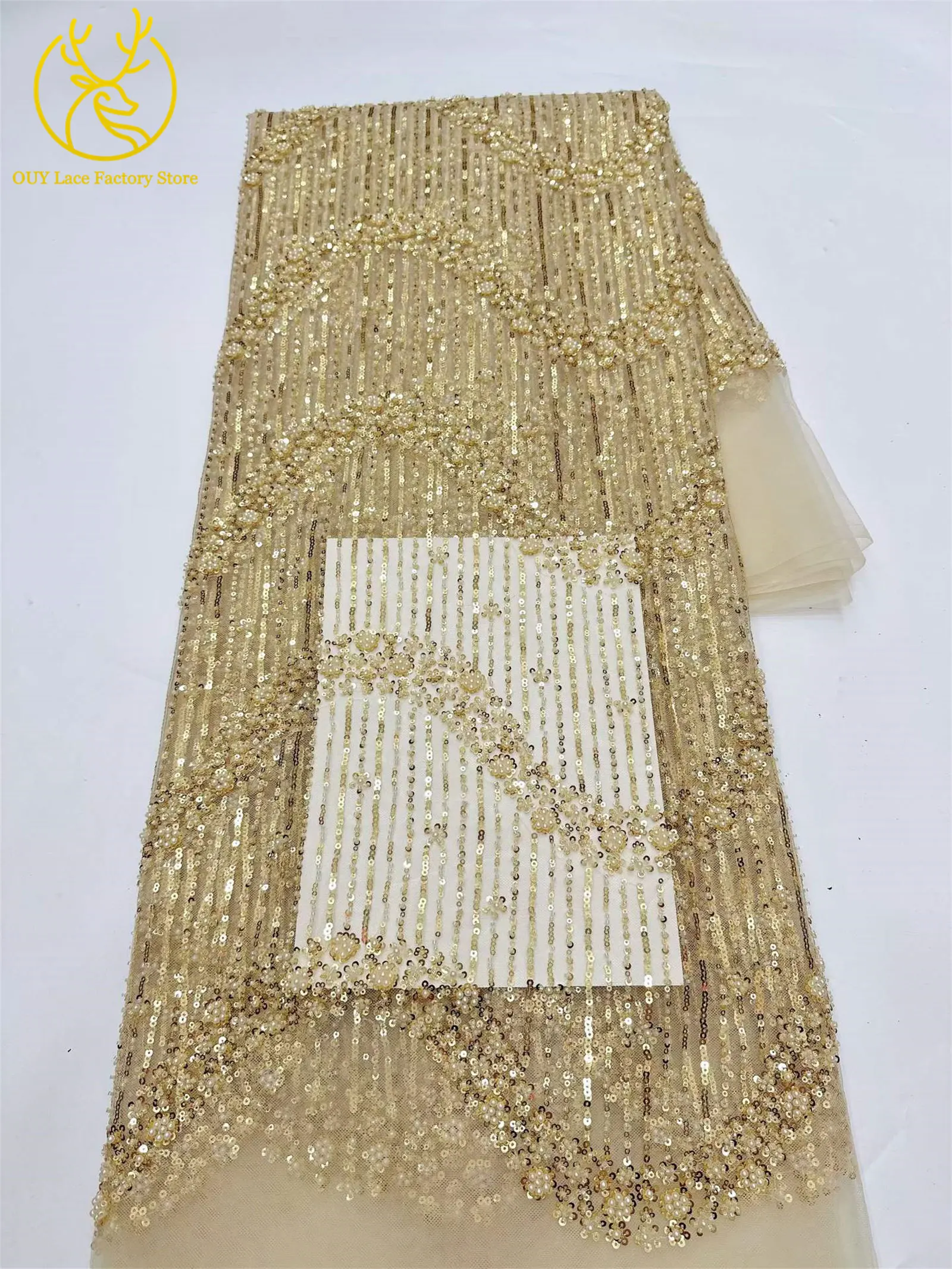 5 Yards Afrikanischer Bräutigam-Perlen-Tüll-Spitzenstoff Rosa Eleganter Nigerianischer Pailletten-Perlen-Netzstoff zum Nähen von Hochzeits- und Partykleidern – Detail 15