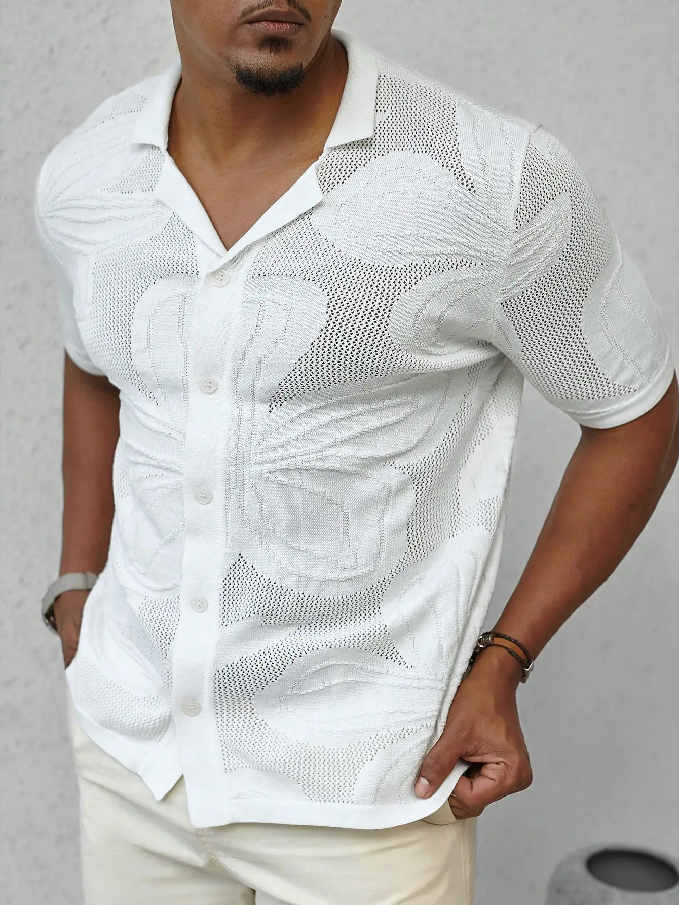 Men's White Knit Short Sleeve Button-Up with Abstract Leaf Pattern