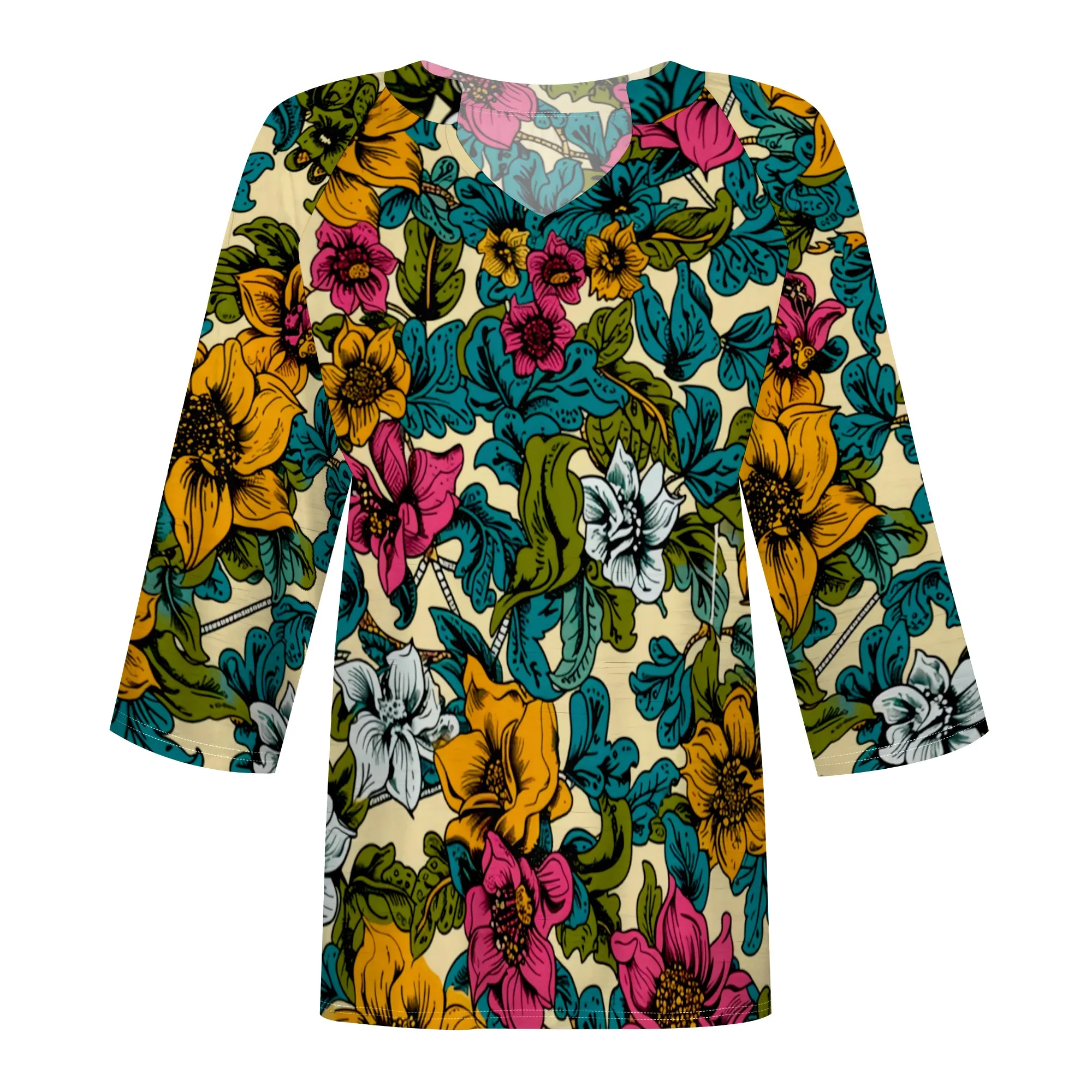 3/4 Length Sleeve Womens Vintage Flower And Paisley Pattern Tops Summer V-Neck Blouses Tunic T-Shirts Dressy Casual
