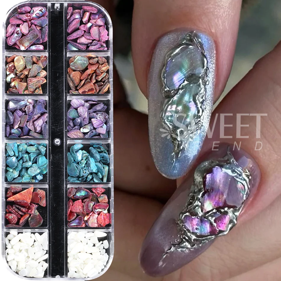 12 Gitter Nagelkunst Aurora Abalone Muschelschuppen 3D Charms Unregelmäßige Muschelfragmente Aurora Scheiben DIY Maniküre Deko Zubehör – Detail 2